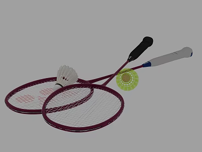 Purple Badminton Rackets Crossed With White And Green Shuttlecocks Sports Equipment 3d model