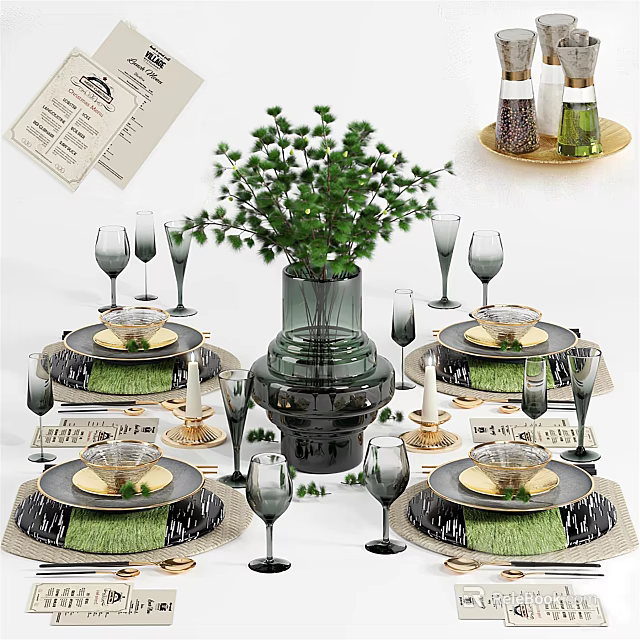 Elegant Modern Tableware Set With Green Plants Vase Wine Glasses And Plates 3d model 