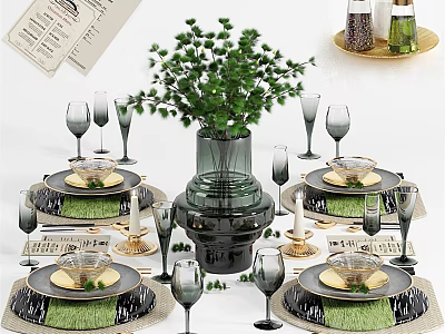 Elegant Modern Tableware Set With Green Plants Vase Wine Glasses And Plates 3d model