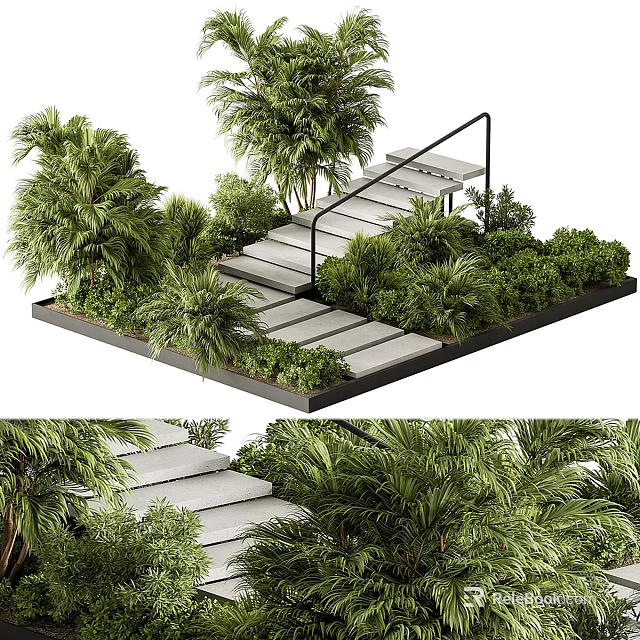 Modern Garden Landscape Design With Staircase Railing And Lush Green Plants 3d model 