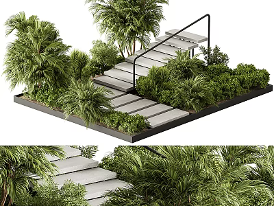 Modern Garden Landscape Design With Staircase Railing And Lush Green Plants 3d model