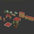 Pixel Art Furniture Set With Green Benches Red Tables Wooden Cabinets And Potted Plant