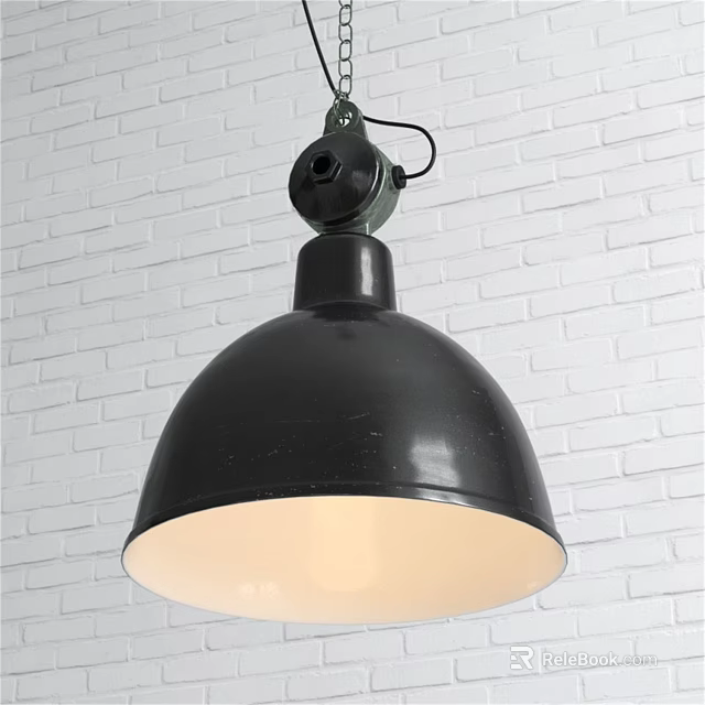 Black Industrial Pendant Light Featuring Round Dome Shade and Warm Light on White Brick Wall 3d model 