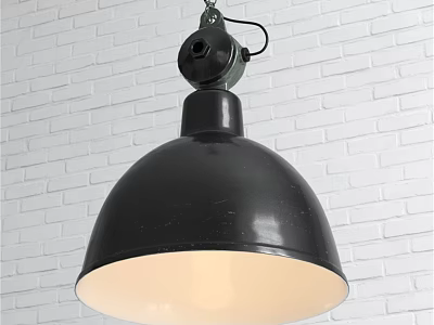 Black Industrial Pendant Light Featuring Round Dome Shade and Warm Light on White Brick Wall 3d model