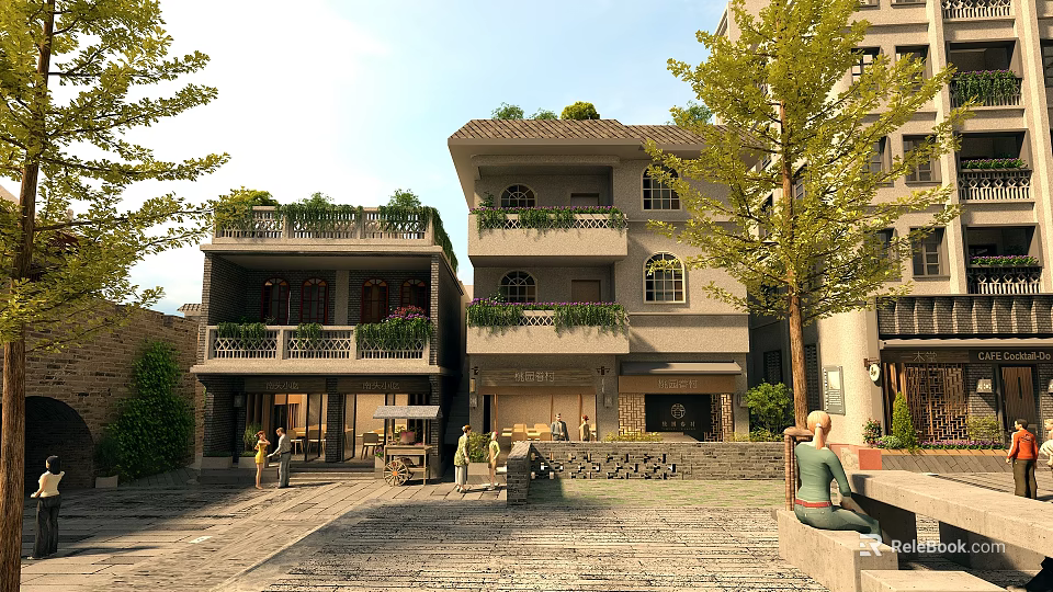 Garden Landscape With Multi story Building Balcony Greenery Courtyard Stone Path And Trees 3d model 