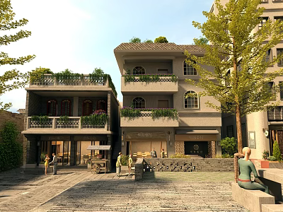 Garden Landscape With Multi story Building Balcony Greenery Courtyard Stone Path And Trees 3d model