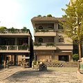 Garden Landscape With Multi story Building Balcony Greenery Courtyard Stone Path And Trees
