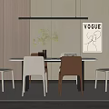 Modern Dining Table Set With White And Brown Chairs Wooden Wall And VOGUE Poster