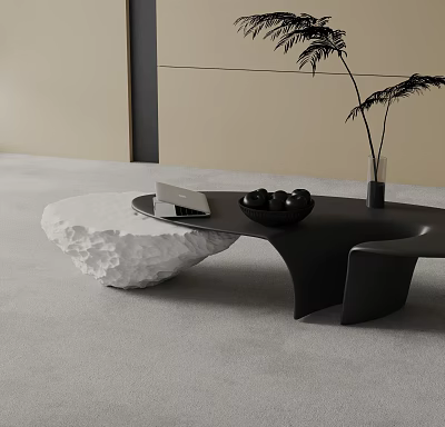 Modern Black Coffee Table with Open Book Black Fruit Bowl White Stone and Plant Vase 3d model