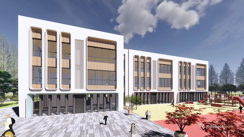 Modern School Building Exterior With White Facade Wooden Panels Large Glass Windows And Plaza Area 3d model 