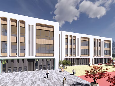 Modern School Building Exterior With White Facade Wooden Panels Large Glass Windows And Plaza Area 3d model
