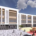 Modern School Building Exterior With White Facade Wooden Panels Large Glass Windows And Plaza Area