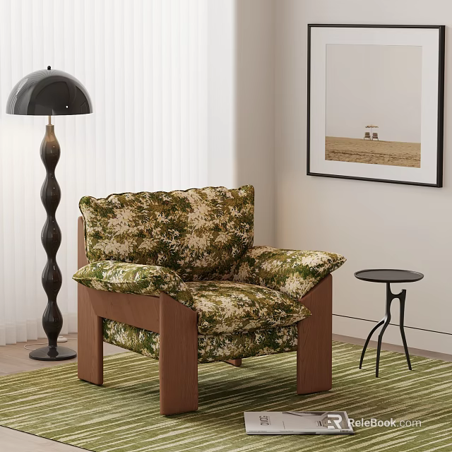 Single Sofa With Floral Patterned Fabric Wooden Frame Floor Lamp And Side Table In Room 3d model 