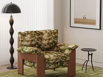 Single Sofa With Floral Patterned Fabric Wooden Frame Floor Lamp And Side Table In Room 3d model