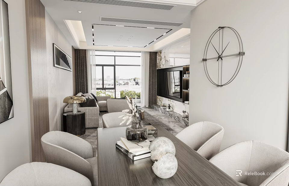 Elegant Modern Living Dining Room Interior With Sofa Dining Table Chairs TV And Decorative Clock 3d model 
