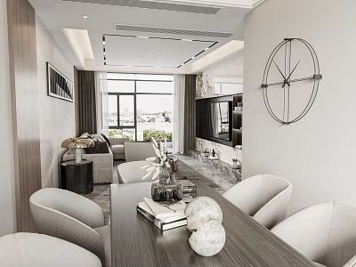 Elegant Modern Living Dining Room Interior With Sofa Dining Table Chairs TV And Decorative Clock 3d model