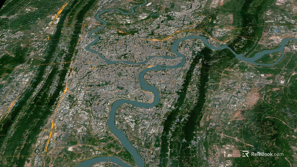 Aerial Urban Planning Layout of City with Winding River and Green Surroundings 3d model 