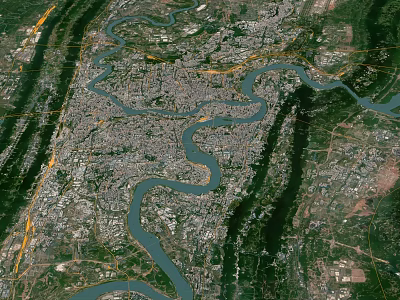 Aerial Urban Planning Layout of City with Winding River and Green Surroundings 3d model