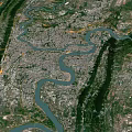 Aerial Urban Planning Layout of City with Winding River and Green Surroundings
