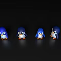Four Cute Blue Penguin Figurines Arranged On Black Reflective Surface