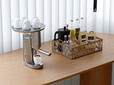 Stylish Kitchen Tabletop With Stainless Steel Coffeemaker White Cups And Wire Basket On Wooden Table 3d model