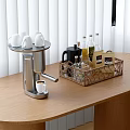 Stylish Kitchen Tabletop With Stainless Steel Coffeemaker White Cups And Wire Basket On Wooden Table