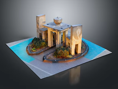 Scenic Architectural Model With Water Feature Tall Columns Greenery And Decorative Top 3d model