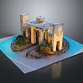 Scenic Architectural Model With Water Feature Tall Columns Greenery And Decorative Top