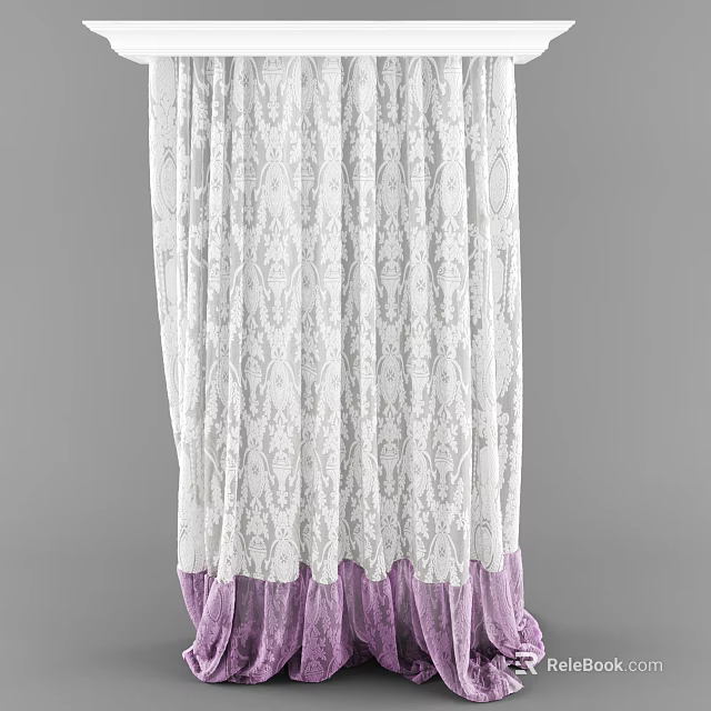 White Lace Pattern Curtain With Purple Bottom Edge For Home Window Decoration 3d model