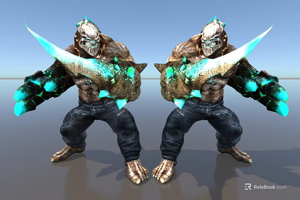 Twin Game Movie Characters With Glowing Blue Blades Rock Like Bodies And Dark Pants 3d model 