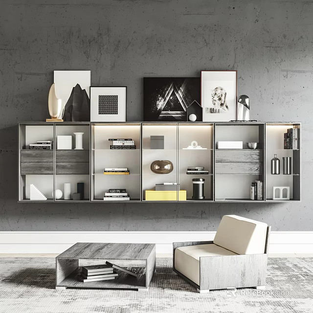 Light Colored Leisure Chair with Gray Wall Shelf Decorations Photo Frames and Coffee Table 3d model 