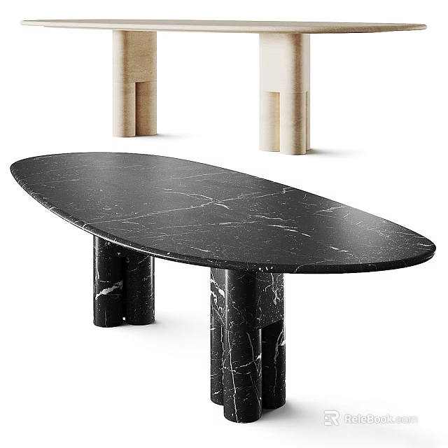 Sleek Black Marble Oval Table With Modern Design And Matching Black Marble Legs 3d model 