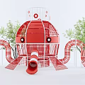 Red Octopus Shaped Playground Equipment With Multiple Slides And Climbing Net