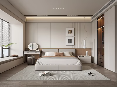 Modern Bedroom Interior Design With Large Bed Wardrobe And Decorative Paintings 3d model