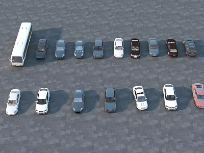 Assorted Cars Including Sedans and Bus with Different Colors in Orderly Arrangement 3d model