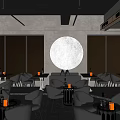 Warm Toned Modern Bar Interior With Large Moon Lamp And Cozy Tables 3d model
