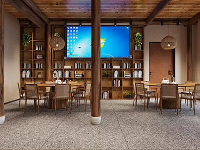 Wooden Restaurant Interior With Large TV Bookshelves Dining Tables Chairs Pendant Lights Green Plants 3d model