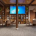 Wooden Restaurant Interior With Large TV Bookshelves Dining Tables Chairs Pendant Lights Green Plants