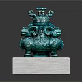 Traditional Green Bronze Ritual Vessel With Animal Heads On White Marble Base