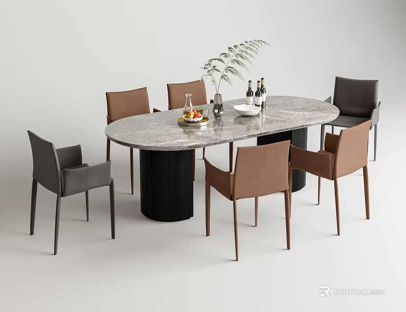 Modern Oval Dining Table Set With Marble Top Black Base And Six Brown Gray Chairs 3d model 