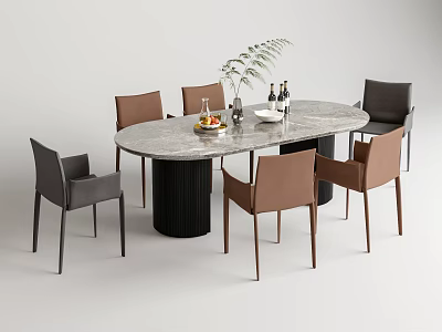 Modern Oval Dining Table Set With Marble Top Black Base And Six Brown Gray Chairs 3d model