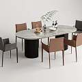 Modern Oval Dining Table Set With Marble Top Black Base And Six Brown Gray Chairs 3d model