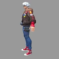 A Man With White Hair Wearing Brown Jacket Red Hoodie Blue Jeans And Red Sneakers