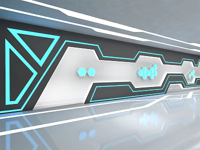 Elevator Hallway With Modern Geometric Design Blue Neon Lighting And Sleek Reflective Floor 3d model