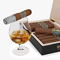 Elegant Decorative Ornament Set with Open Cigar Box Cigars and Whiskey Glass with Ice