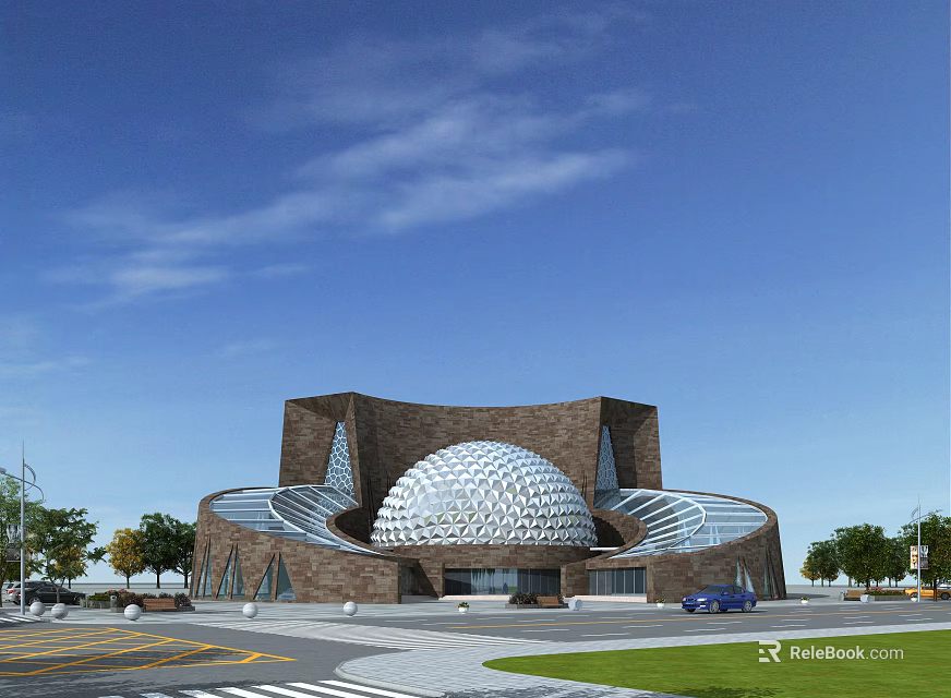 Contemporary Museum Building Design With Unique Dome Stone Exterior And Glass Elements 3d model