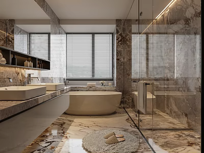 Modern Bathroom Design Featuring Marble Walls Freestanding Bathtub Double Sinks Glass Shower And Wooden Blinds 3d model