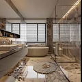 Modern Bathroom Design Featuring Marble Walls Freestanding Bathtub Double Sinks Glass Shower And Wooden Blinds