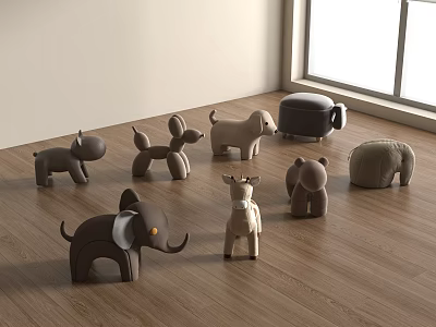 Animal Shaped Kids Chairs in Brown on Wooden Floor with Light Wall and Window 3d model