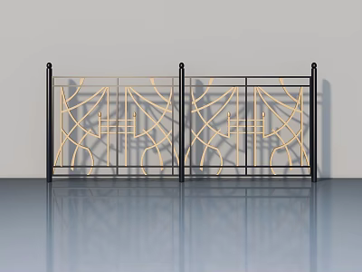 Elegant Modern Swing Door With Intricate Golden Carving And Black Frame 3d model